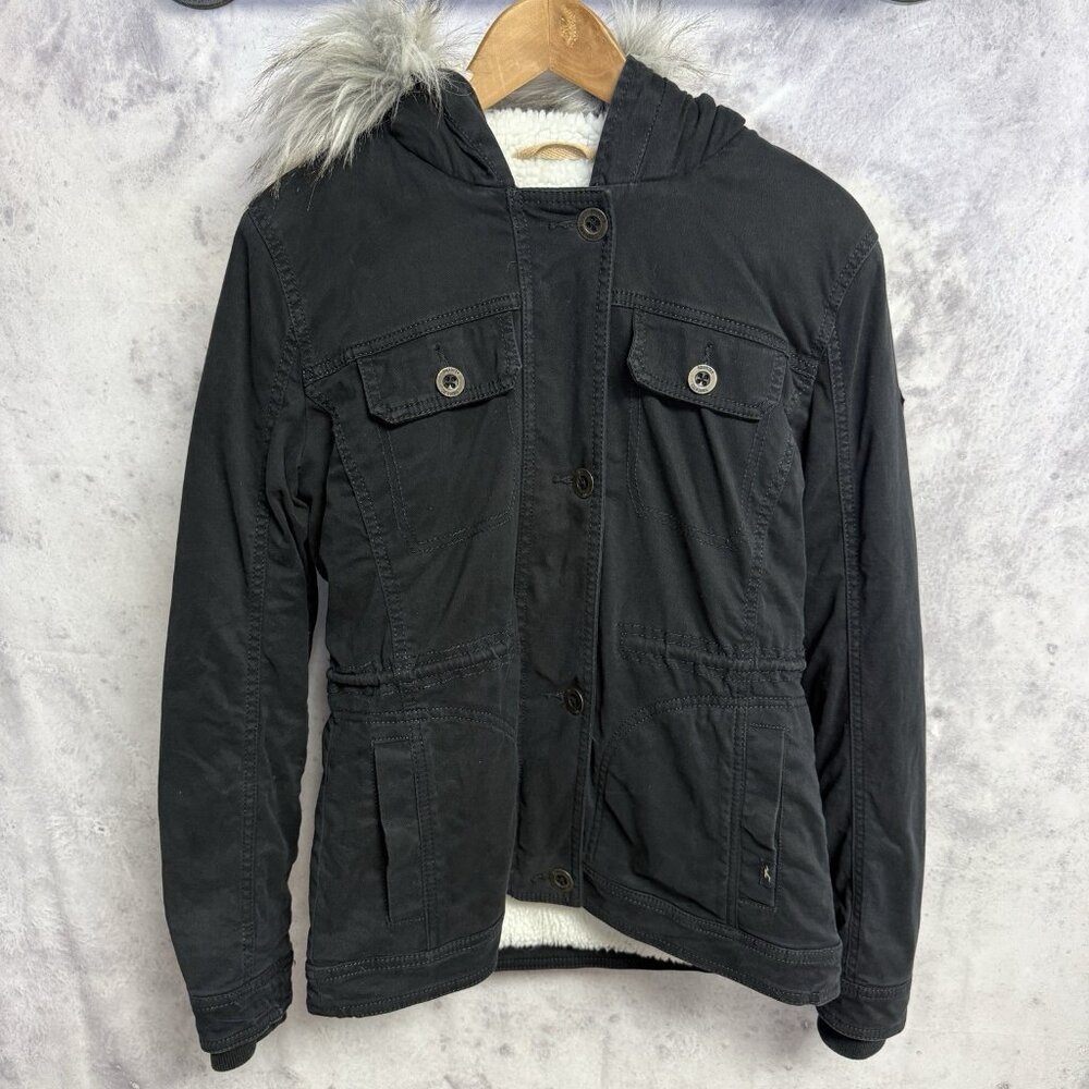 Y2K Hollister Sherpa Faux Fur Hood Jacket Womens Small Black Zip